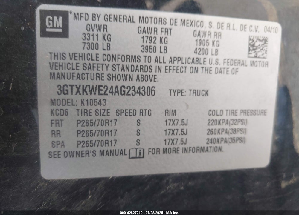 2010 GMC SIERRA 1500 VIN: 3GTXKWE24AG234306