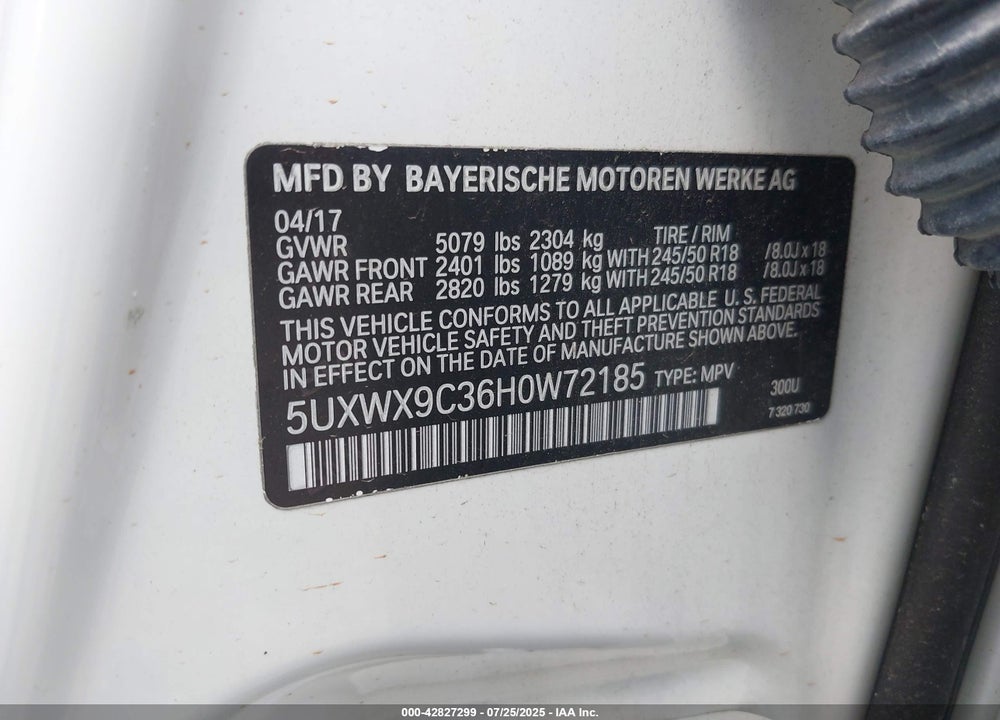 2017 BMW X3 VIN: 5UXWX9C36H0W72185