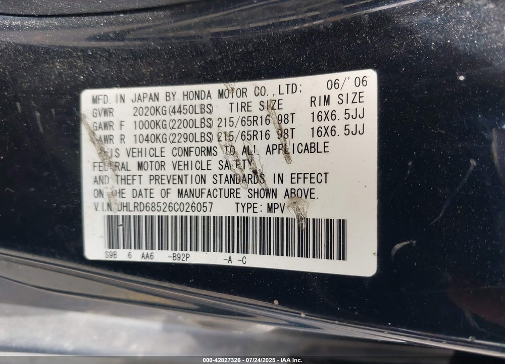 2006 HONDA CR-V VIN: JHLRD68526C026057