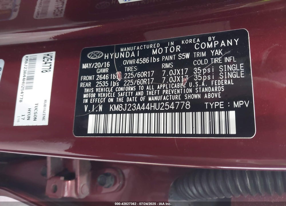 2017 HYUNDAI TUCSON SE VIN: KM8J23A44HU254778