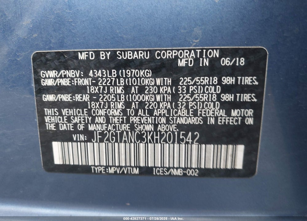 2019 SUBARU CROSSTREK VIN: JF2GTANC3KH201542