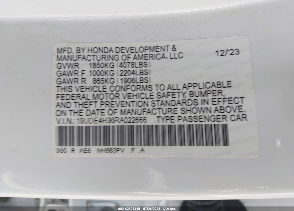 2024 ACURA INTEGRA VIN: 19UDE4H36RA022666