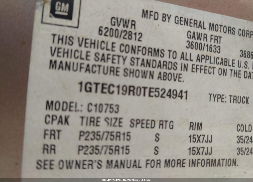 1996 GMC SIERRA C1500 VIN: 1GTEC19R0TE524941