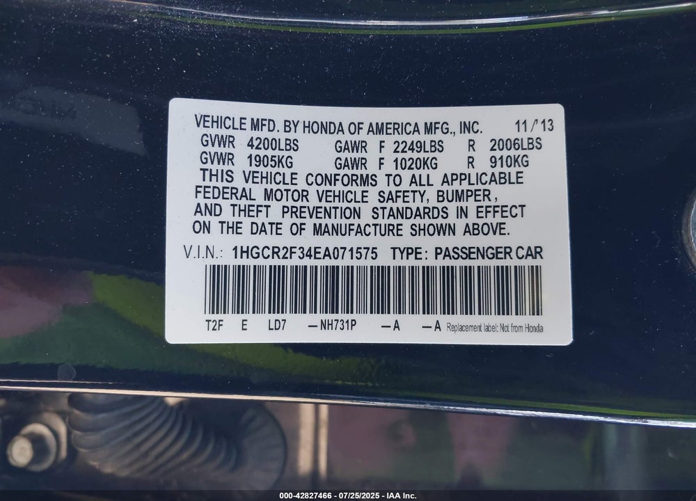2014 HONDA ACCORD VIN: 1HGCR2F34EA071575