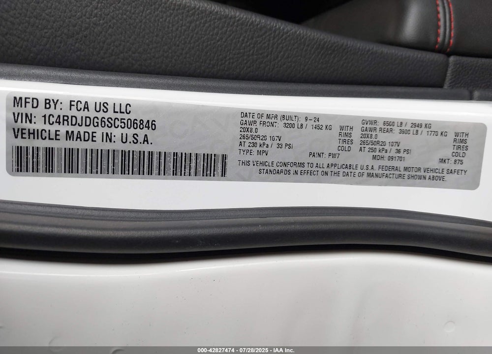 2025 DODGE DURANGO VIN: 1C4RDJDG6SC506846