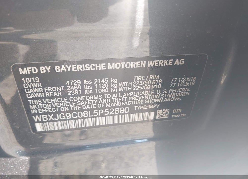 2020 BMW X1 XDRIVE28I VIN: WBXJG9C08L5P52880