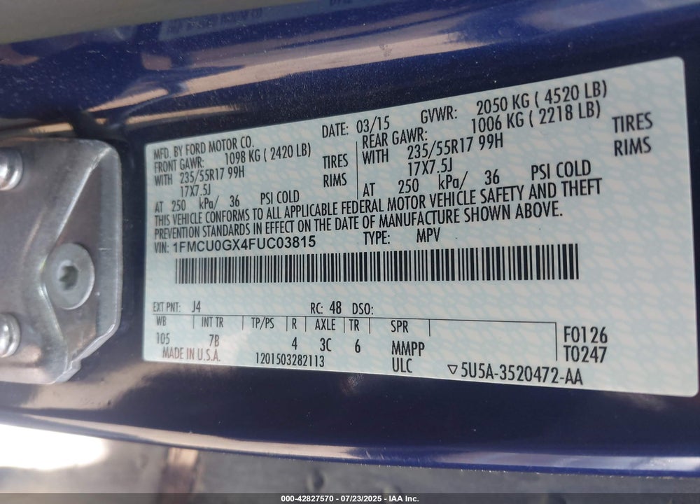 2015 FORD ESCAPE VIN: 1FMCU0GX4FUC03815