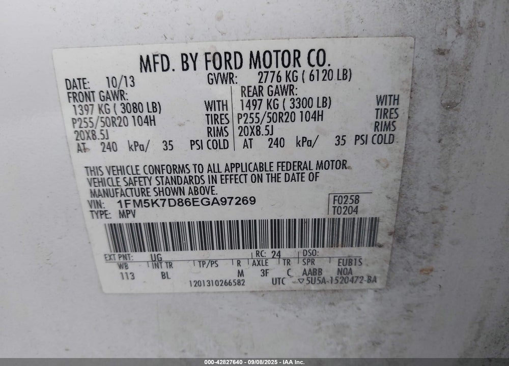 2014 FORD EXPLORER VIN: 1FM5K7D86EGA97269