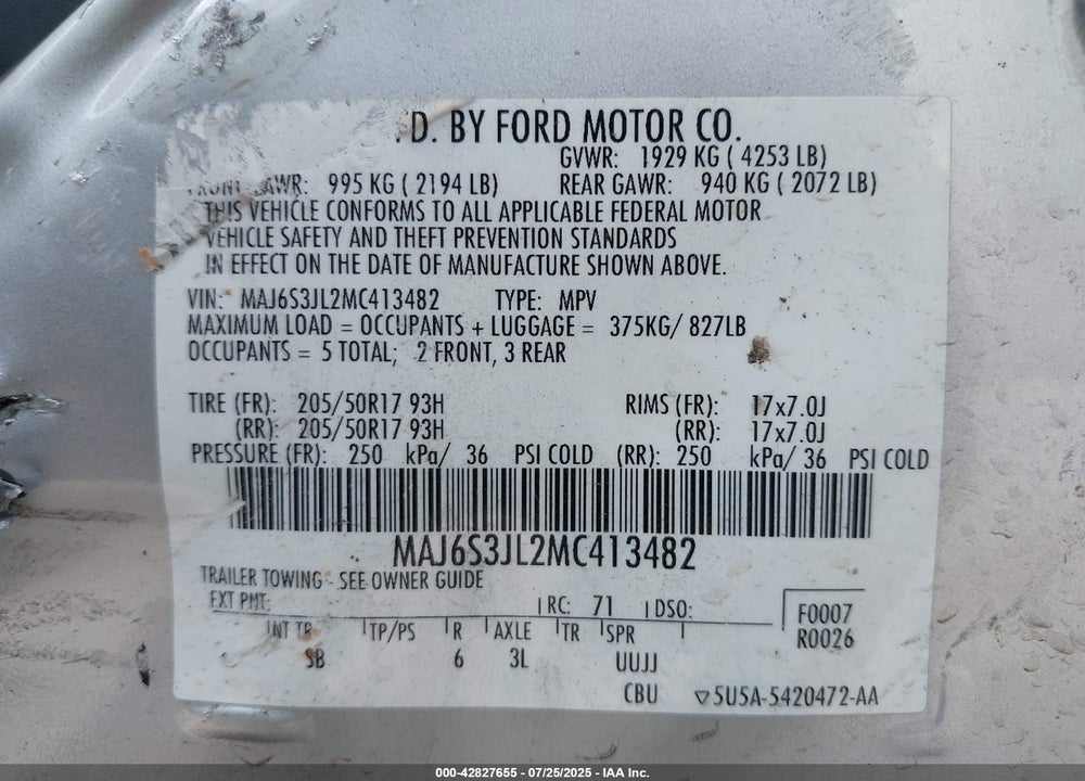 2021 FORD ECOSPORT VIN: MAJ6S3JL2MC413482