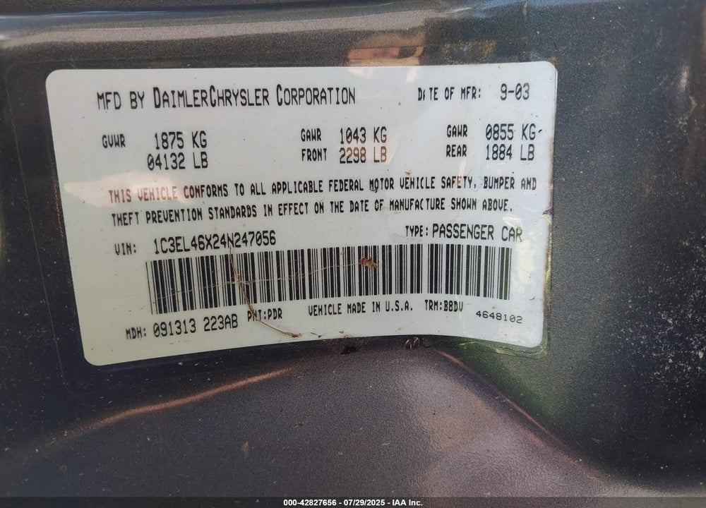 2004 CHRYSLER SEBRING VIN: 1C3EL46X24N247056