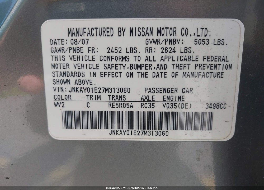 2007 INFINITI M35 VIN: JNKAY01E27M313060