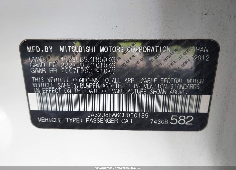2012 MITSUBISHI LANCER GT VIN: JA32U8FW6CU030185