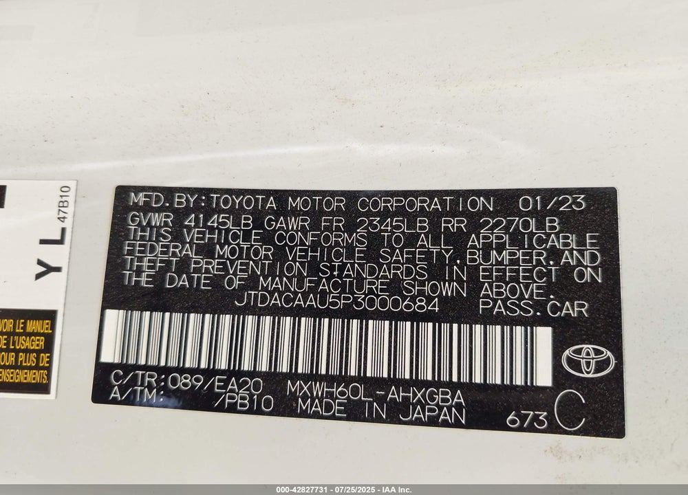 2023 TOYOTA PRIUS VIN: JTDACAAU5P3000684
