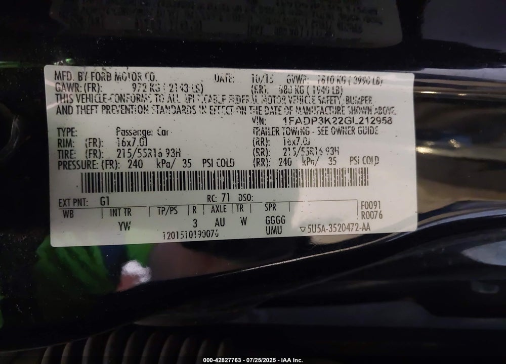 2016 FORD FOCUS VIN: 1FADP3K22GL212958
