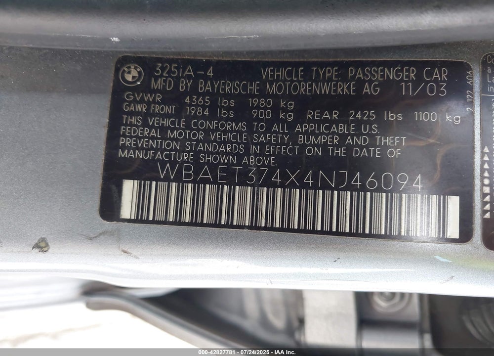 2004 BMW 325I VIN: WBAET374X4NJ46094