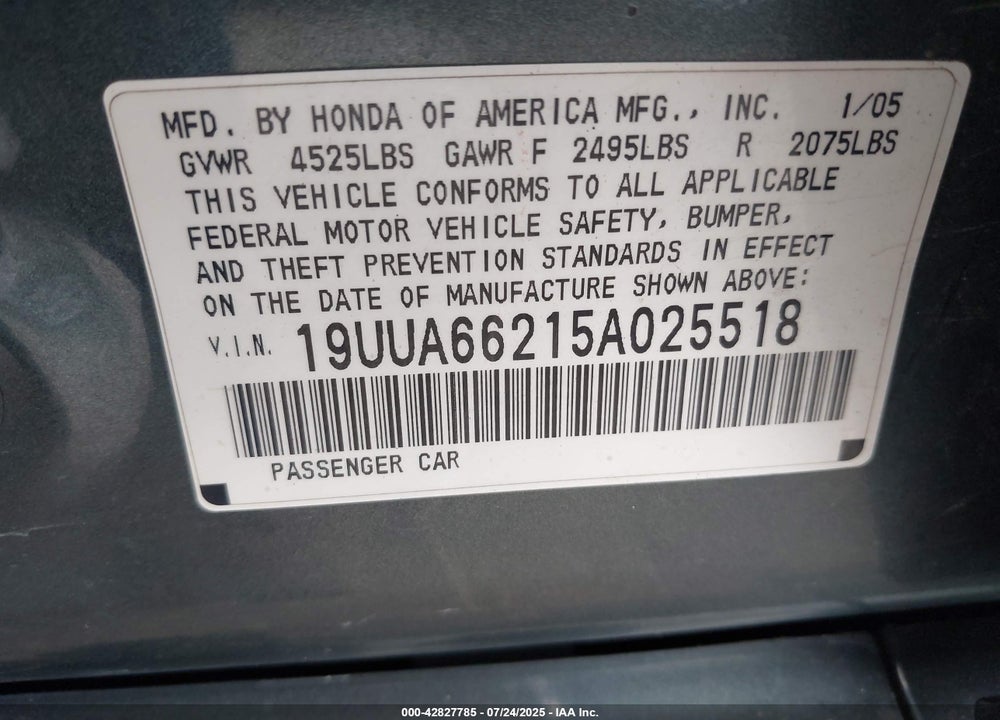 2005 ACURA TL VIN: 19UUA66215A025518