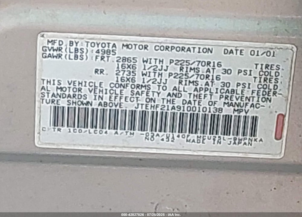 2001 TOYOTA HIGHLANDER VIN: JTEHF21A910010138