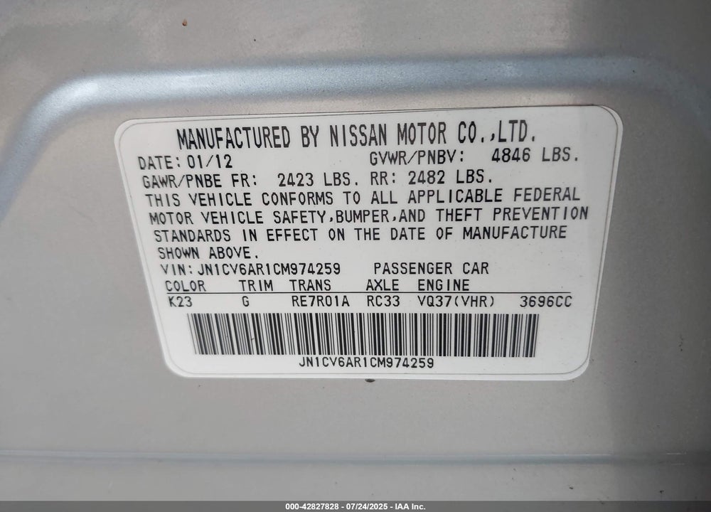 2012 INFINITI G37 VIN: JN1CV6AR1CM974259