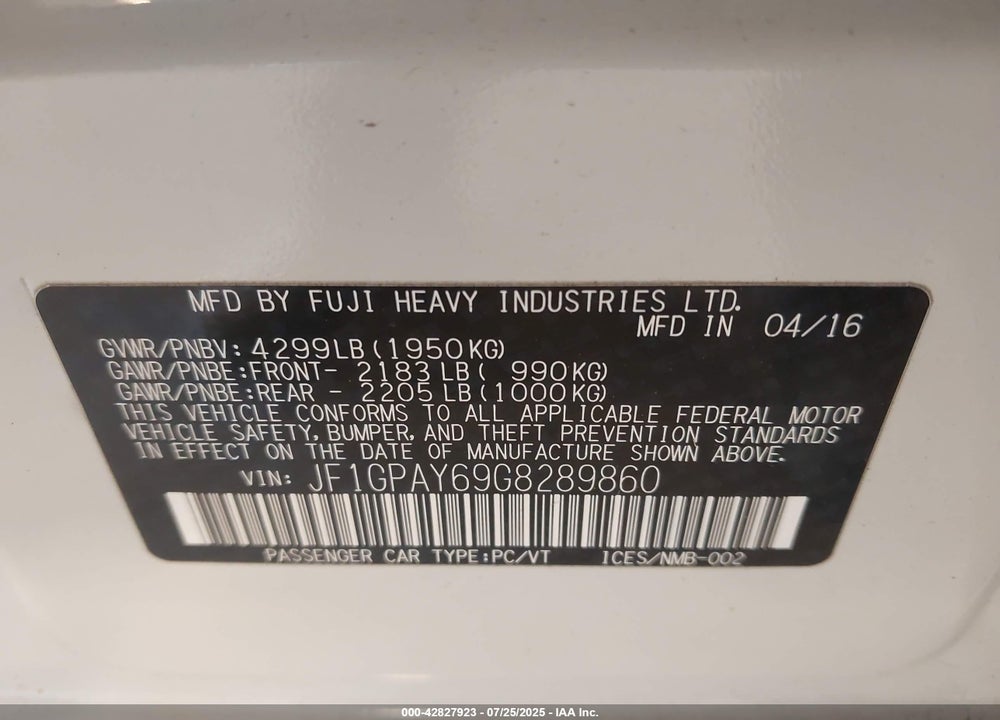 2016 SUBARU IMPREZA VIN: JF1GPAY69G8289860