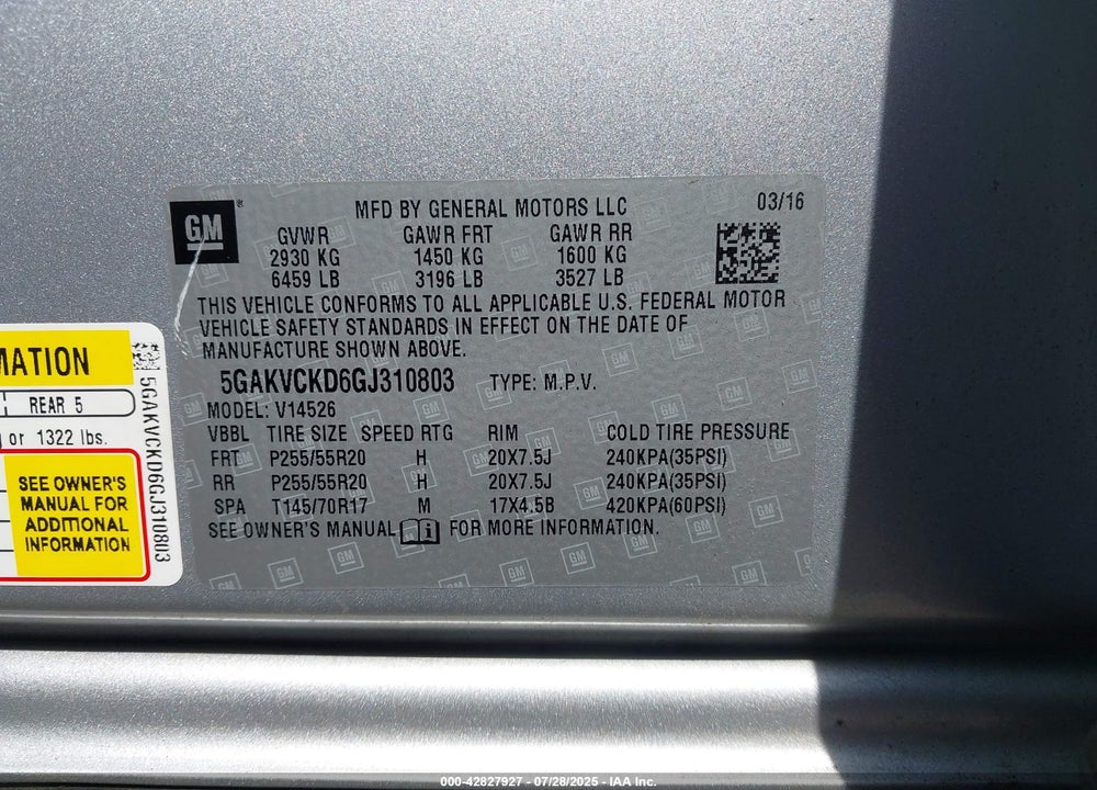 2016 BUICK ENCLAVE VIN: 5GAKVCKD6GJ310803