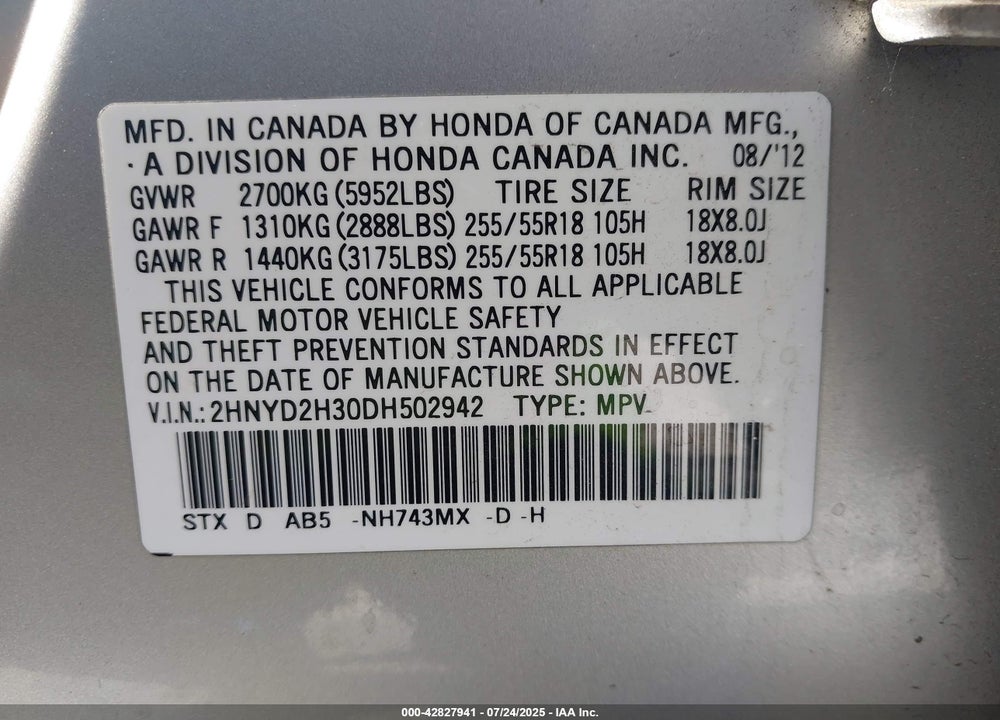2013 ACURA MDX VIN: 2HNYD2H30DH502942