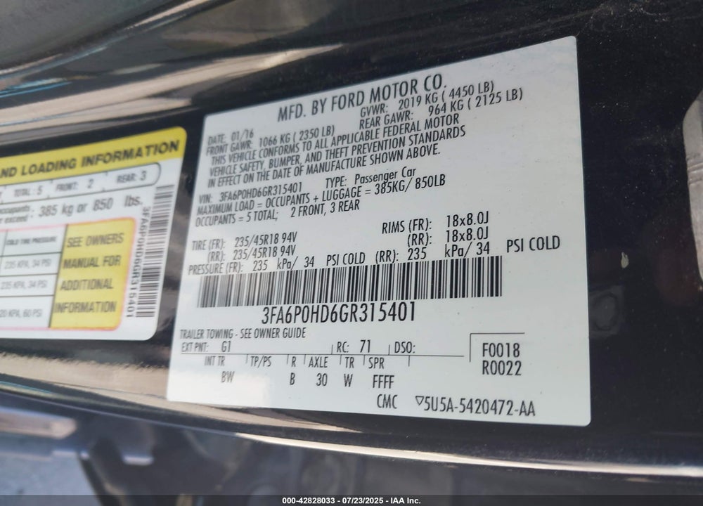 2016 FORD FUSION VIN: 3FA6P0HD6GR315401