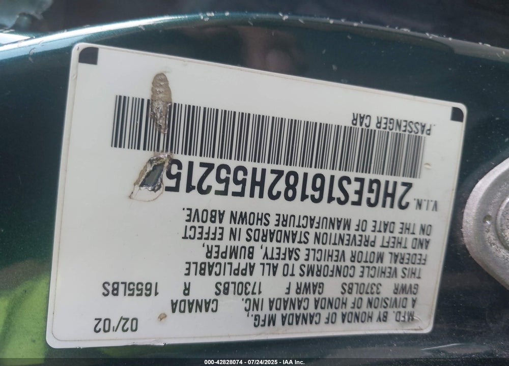 2002 HONDA CIVIC DX VIN: 2HGES16182H552156