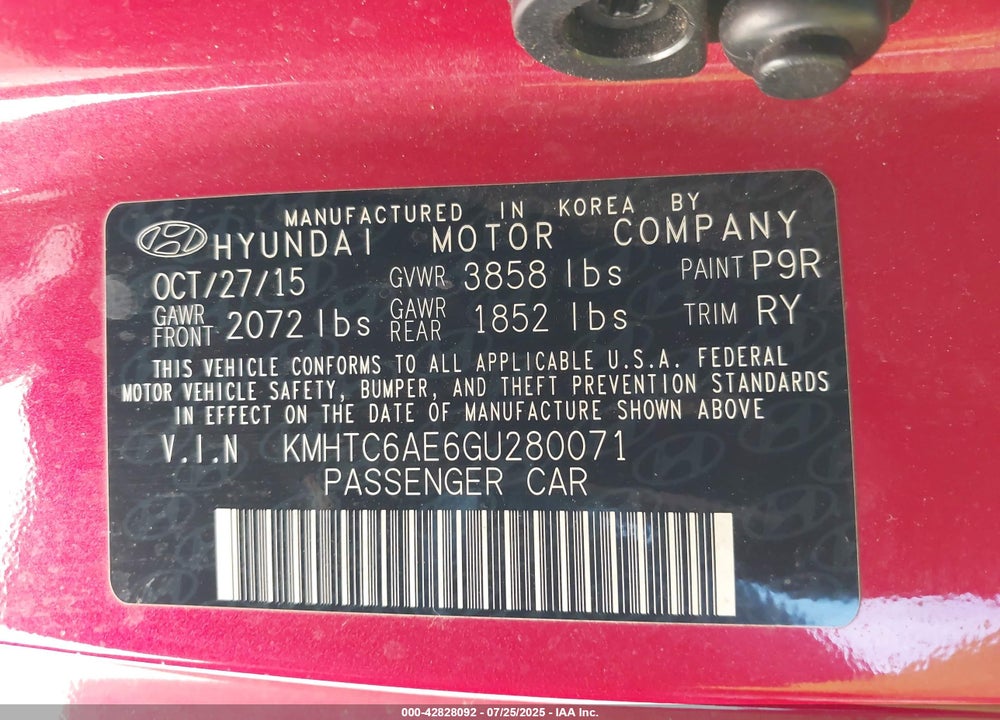 2016 HYUNDAI VELOSTER VIN: KMHTC6AE6GU280071