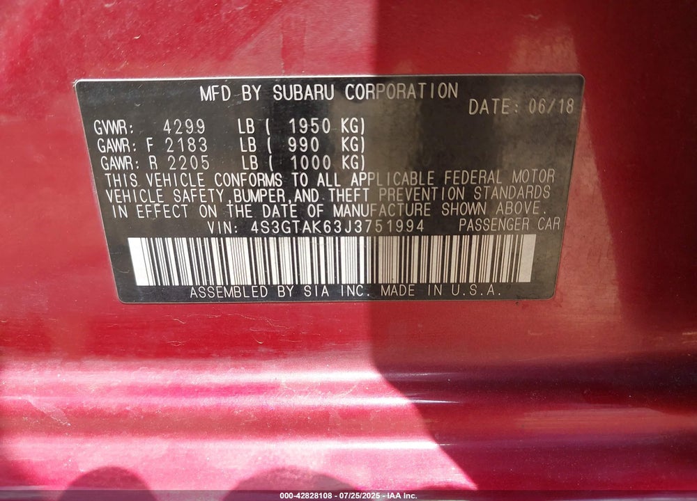 2018 SUBARU IMPREZA VIN: 4S3GTAK63J3751994