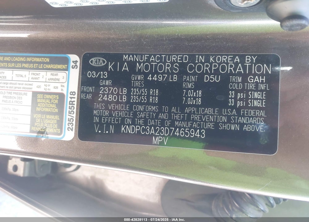 2013 KIA SPORTAGE VIN: KNDPC3A23D7465943