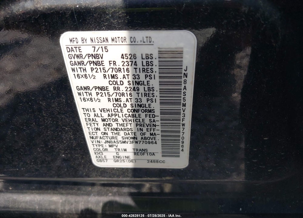 2015 NISSAN ROGUE VIN: JN8AS5MV3FW770964