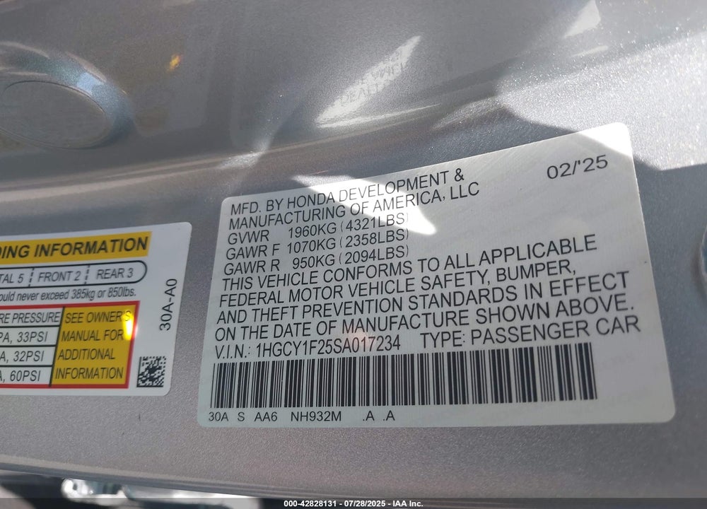 2025 HONDA ACCORD LX VIN: 1HGCY1F25SA017234