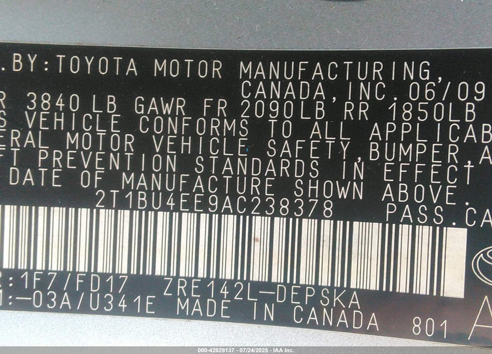 2010 TOYOTA COROLLA VIN: 2T1BU4EE9AC238378