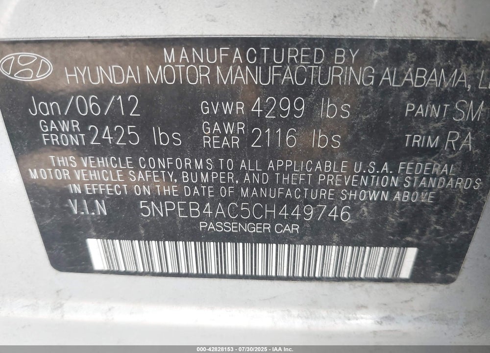 2012 HYUNDAI SONATA VIN: 5NPEB4AC5CH449746