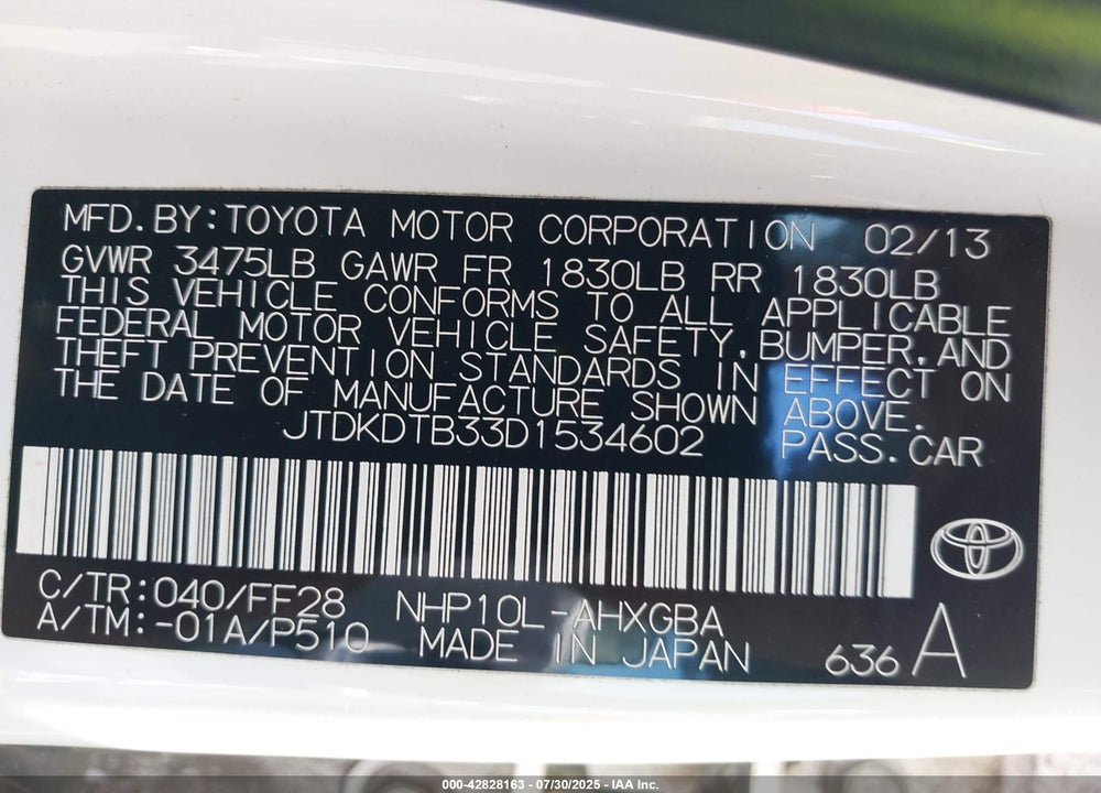 2013 TOYOTA PRIUS C VIN: JTDKDTB33D1534602