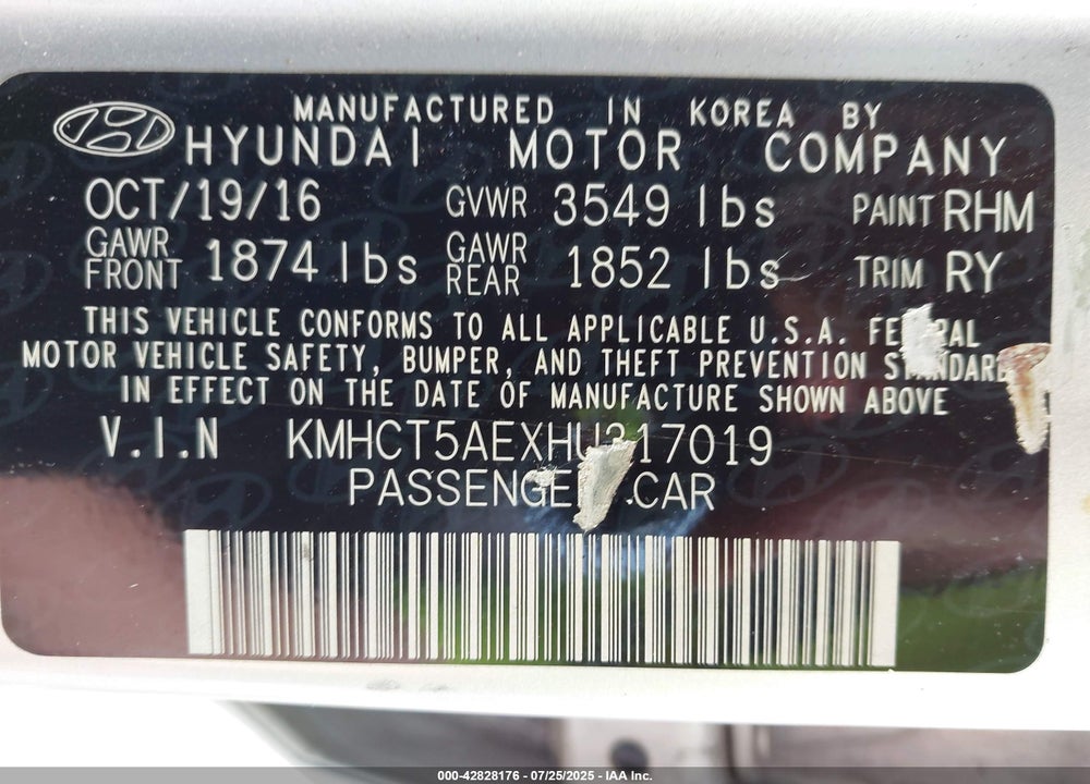 2017 HYUNDAI ACCENT VIN: KMHCT5AEXHU317019