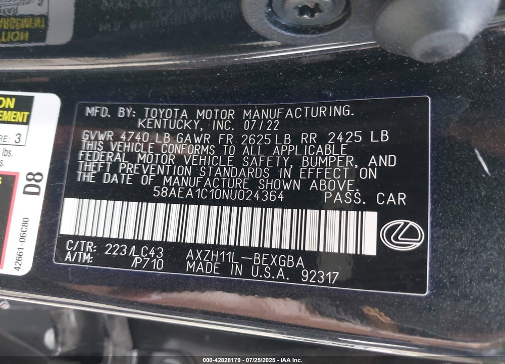 2022 LEXUS ES 300H LUXURY VIN: 58AEA1C10NU024364
