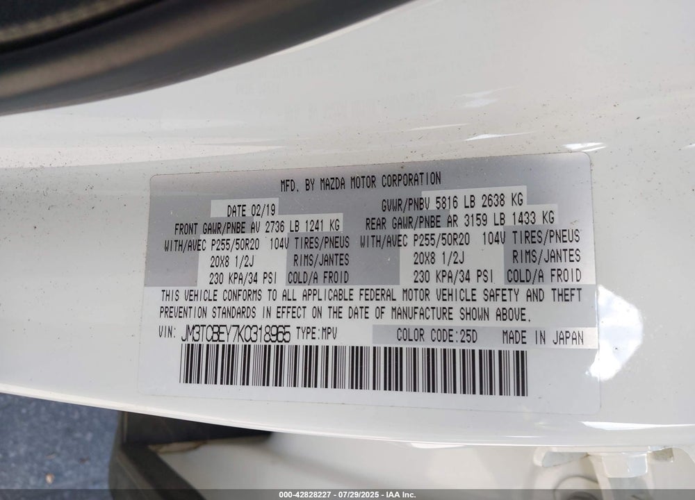 2019 MAZDA CX-9 VIN: JM3TCBEY7K0318965