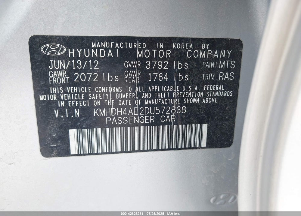 2013 HYUNDAI ELANTRA GLS VIN: KMHDH4AE2DU572838