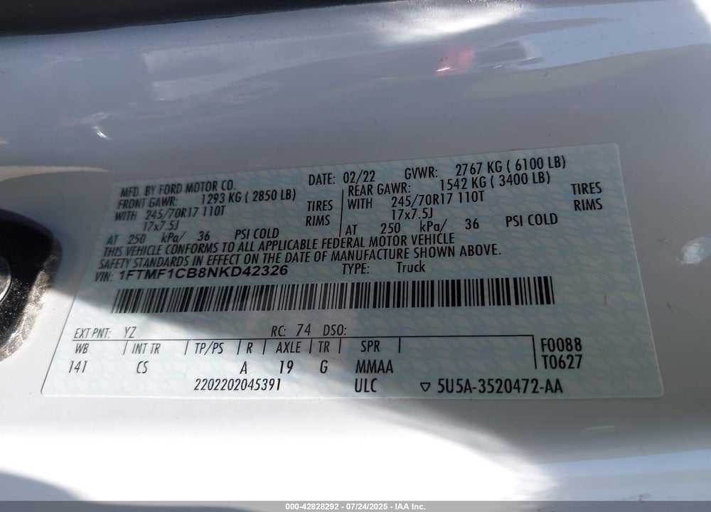 2022 FORD F-150 VIN: 1FTMF1CB8NKD42326