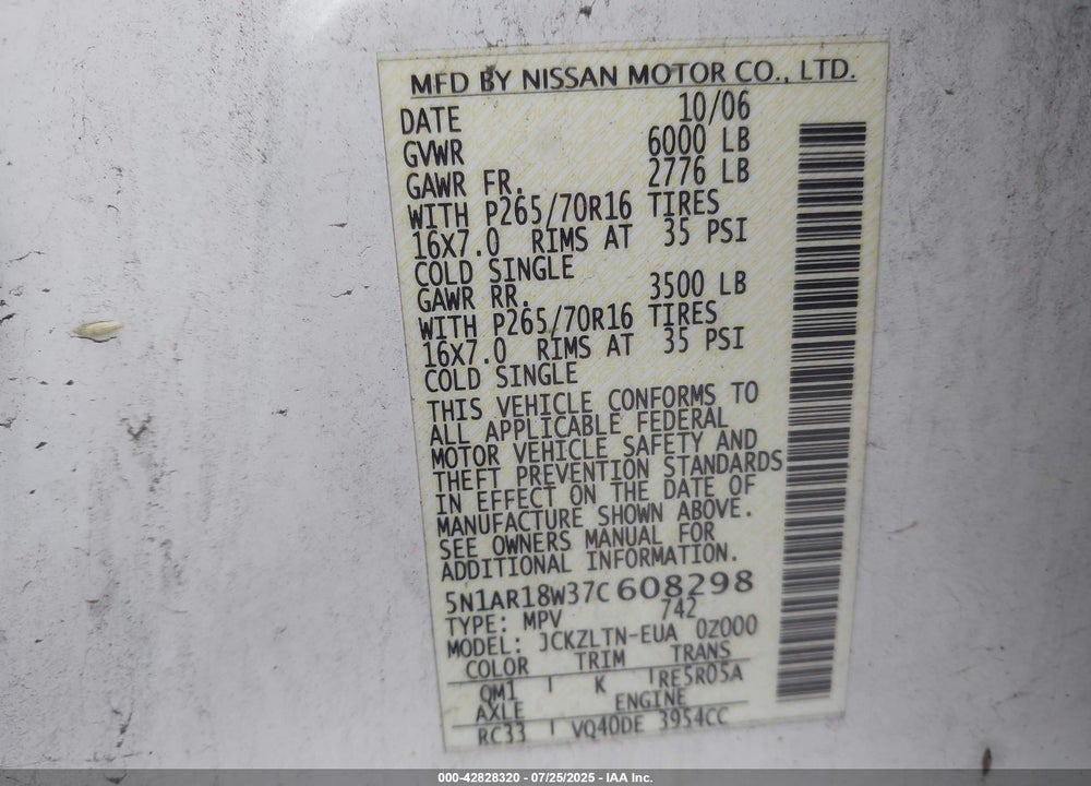 2007 NISSAN PATHFINDER VIN: 5N1AR18W37C608298