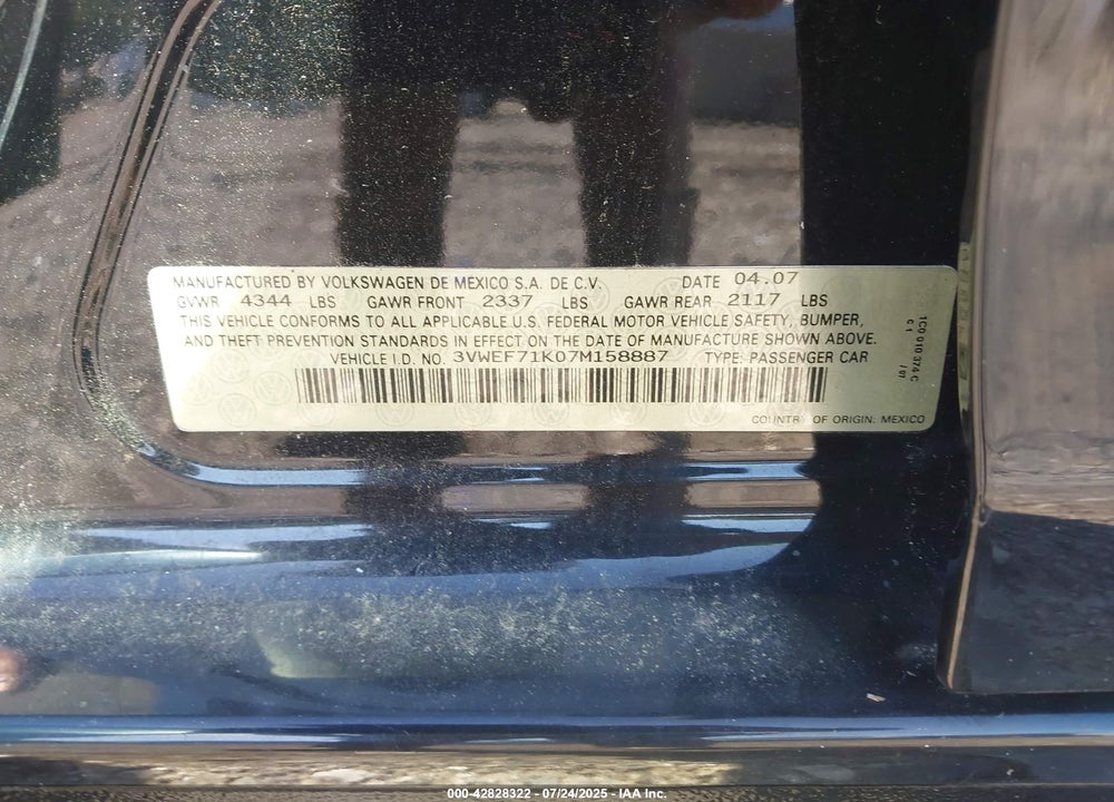 2007 VOLKSWAGEN JETTA VIN: 3VWEF71K07M158887