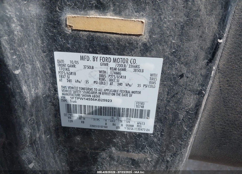 2006 FORD F-150 VIN: 1FTPW14556KB25923