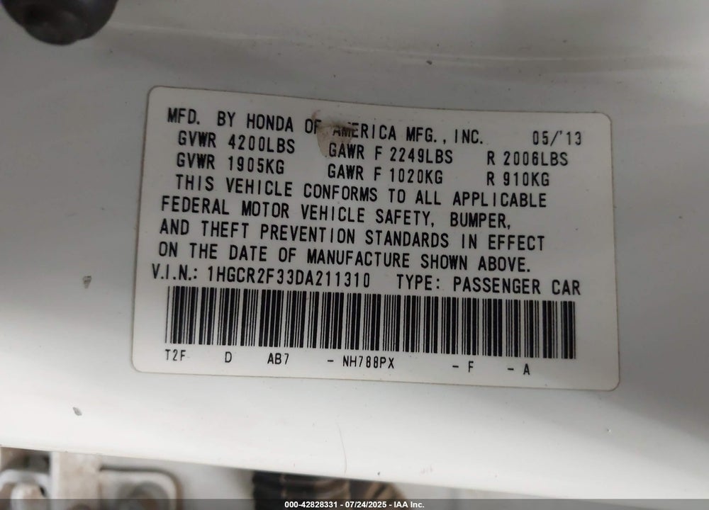 2013 HONDA ACCORD VIN: 1HGCR2F33DA211310