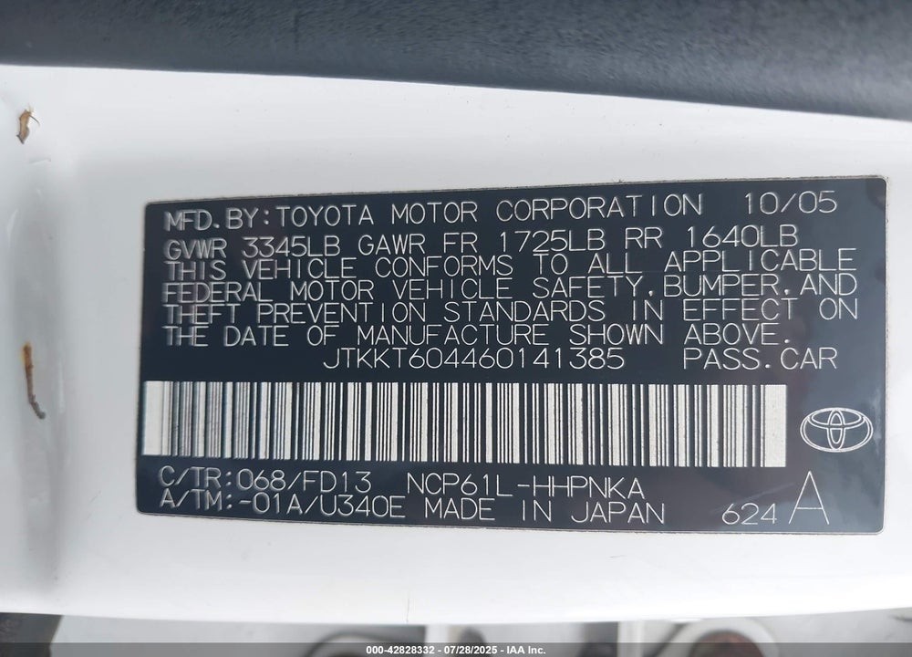 2006 SCION XA VIN: JTKKT604460141385