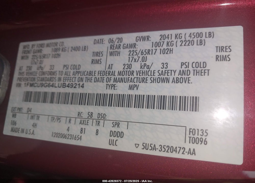 2020 FORD ESCAPE VIN: 1FMCU9G64LUB49214