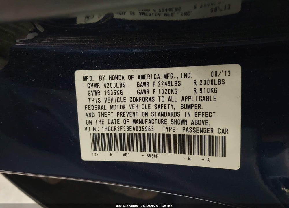 2014 HONDA ACCORD VIN: 1HGCR2F38EA035985