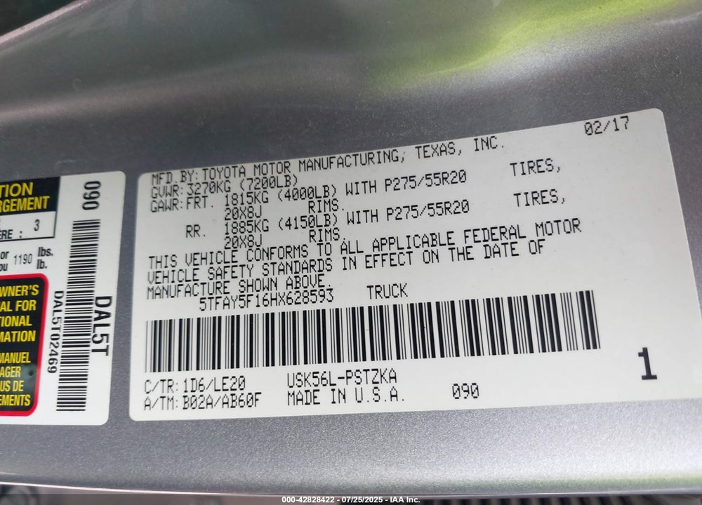 2017 TOYOTA TUNDRA VIN: 5TFAY5F16HX628593
