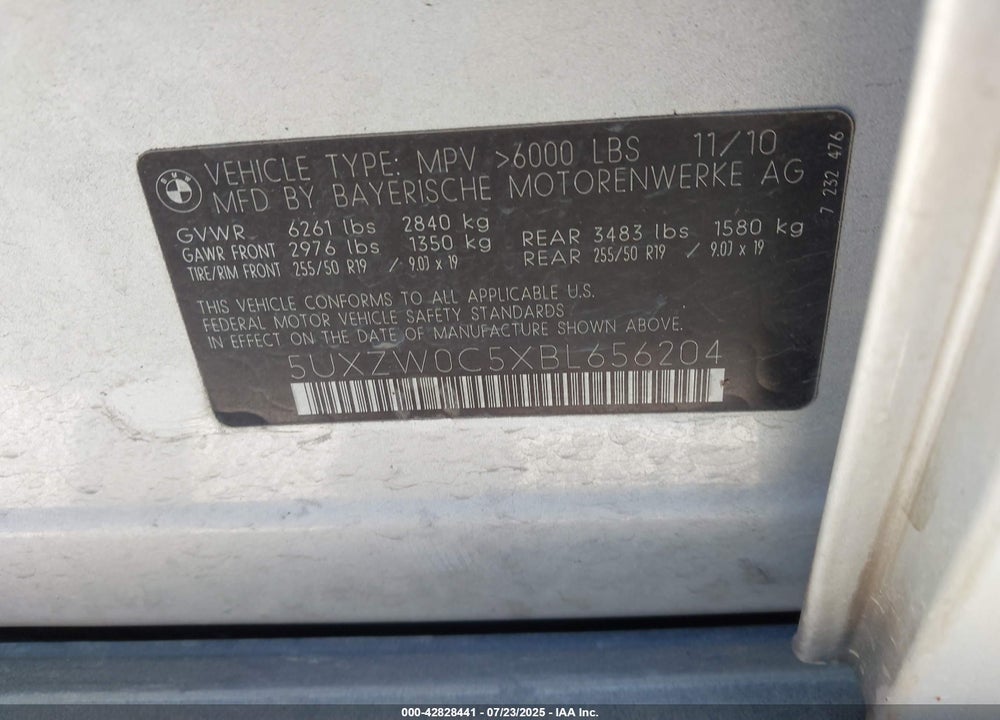 2011 BMW X5 VIN: 5UXZW0C5XBL656204