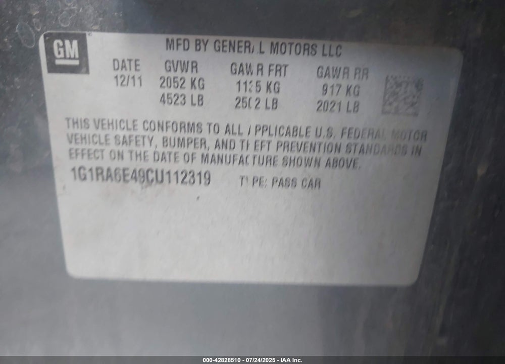 2012 CHEVROLET VOLT VIN: 1G1RA6E49CU112319